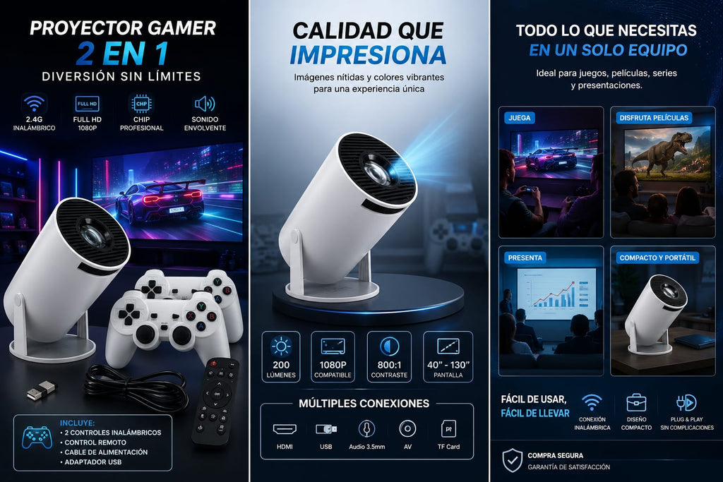 Proyector Gamer 2 en 1 Portátil con Controles
